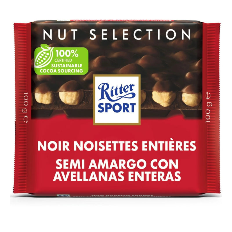 CHOCOLATE SPORT SEMI AMARGO CON AVELLANAS ENTERAS RITTER 100 GR