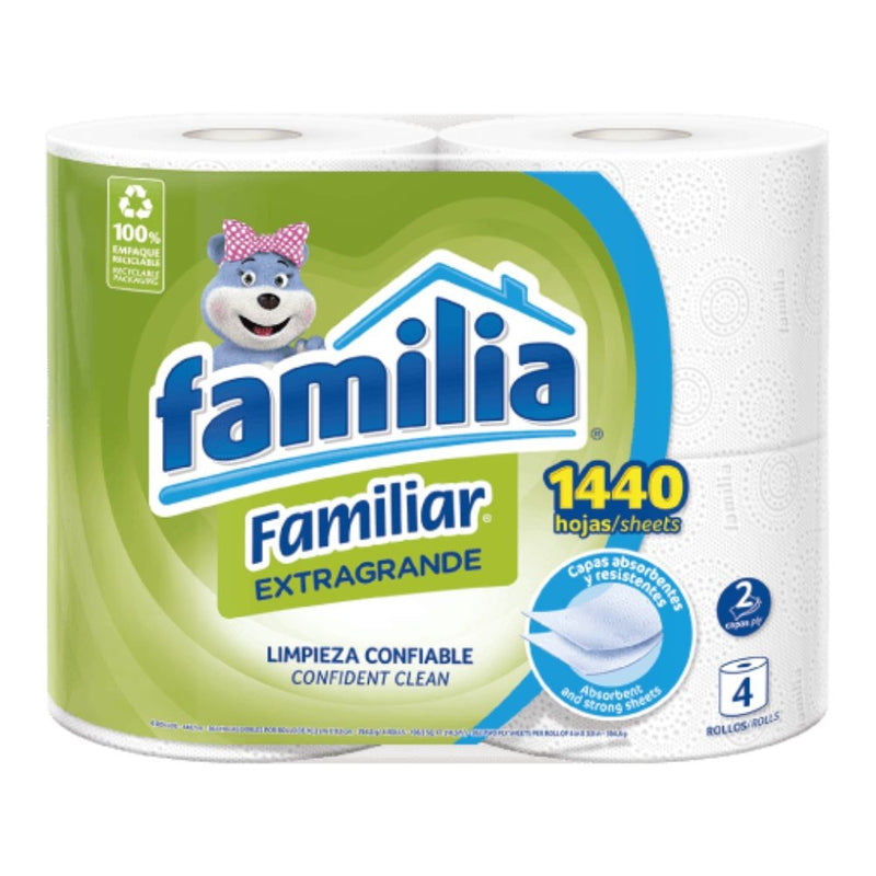 PAPEL HIGIENICO FAMILIA FAMILIAR EXTRA GRANDE DOBLE HOJA 4 ROLLOS