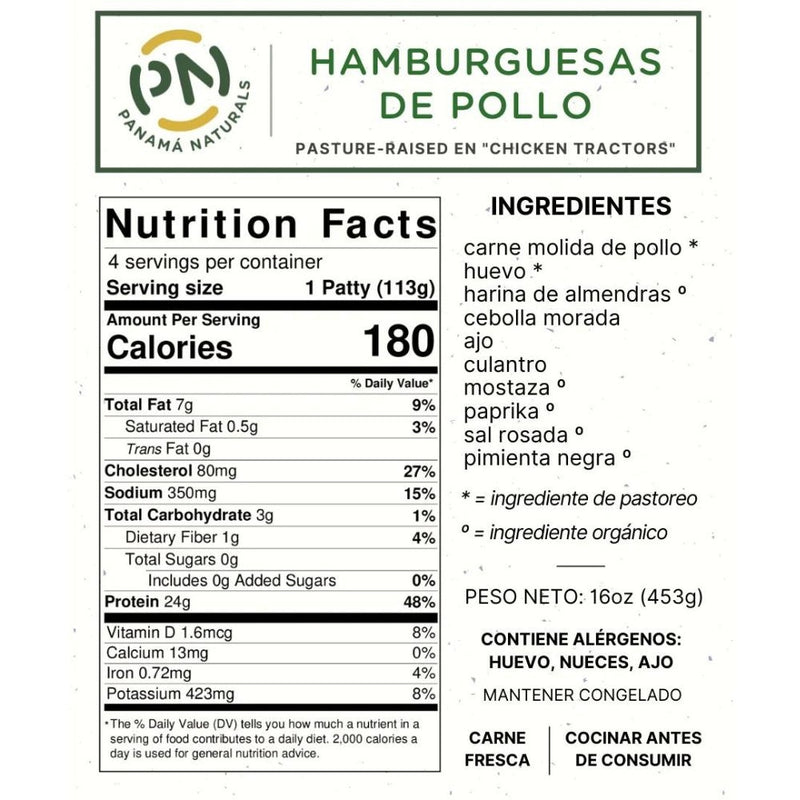 HAMBURGUESAS DE POLLO DE PASTOREO PANAMA NATURALS - 4 UNIDADES - 8 OZ