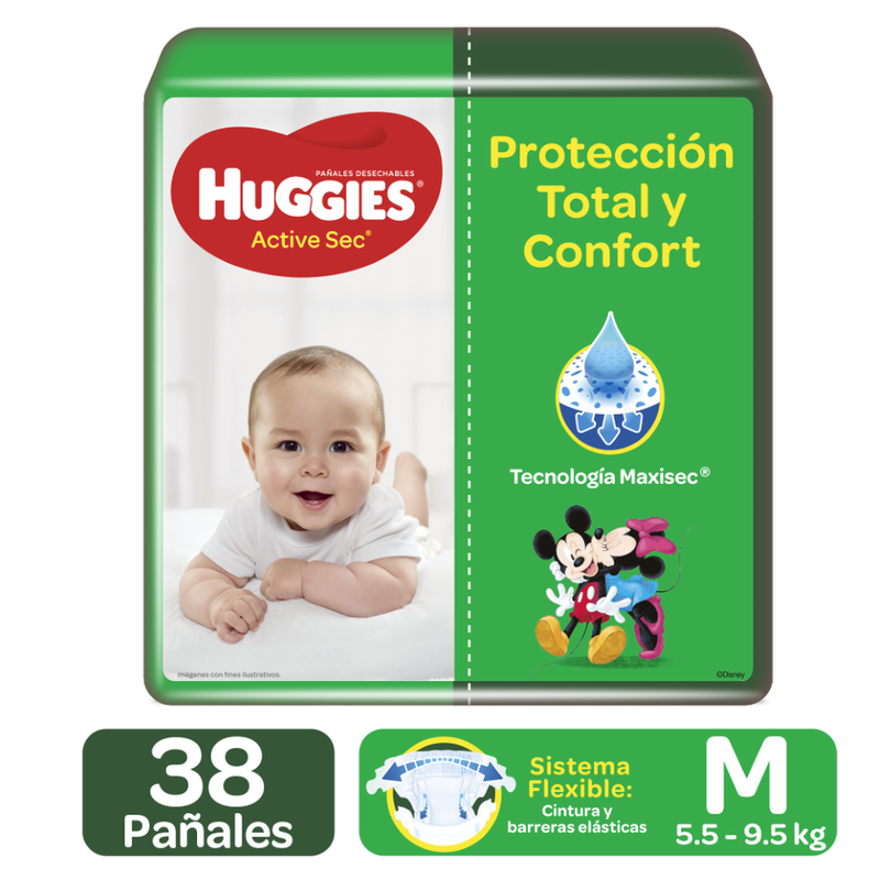 PAÑAL HUGGIES ACTIVE SEC M 38 UN 5.5-9.5KG