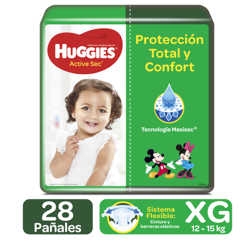 PAÑAL HUGGIES ACTIVE SEC XG 28 UN 12-15KG