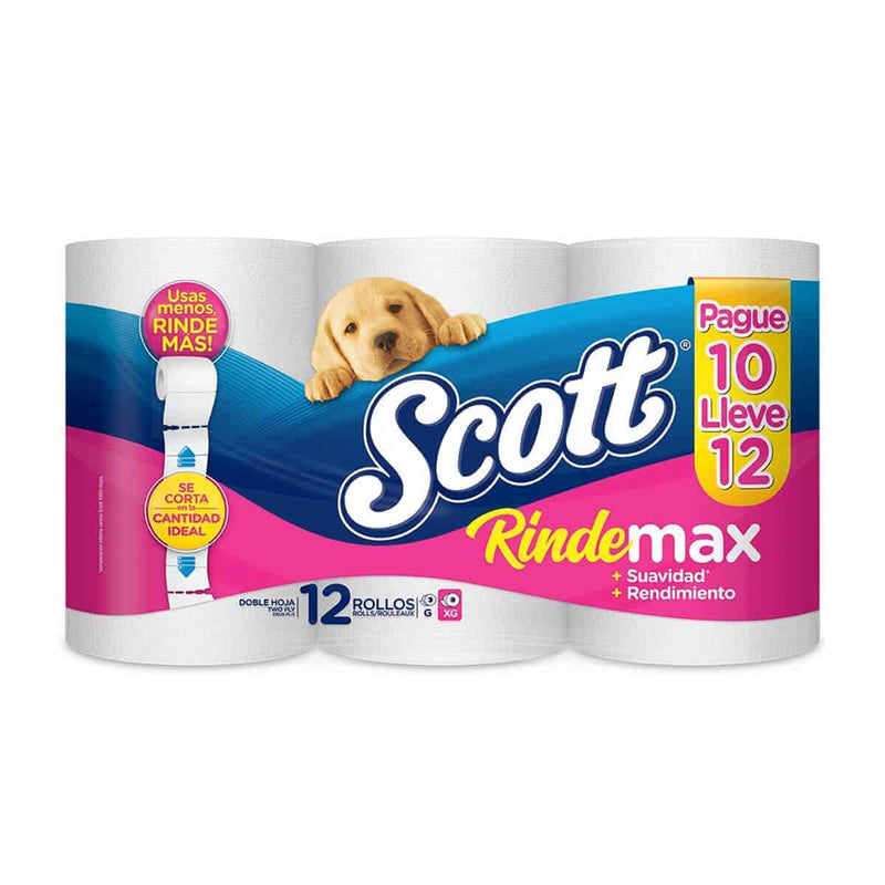 PAPEL HIGIENICO SCOTT RINDEMAX DOBLE HOJA 12 ROLLOS (PAGUE 10 Y LLEVE 12)