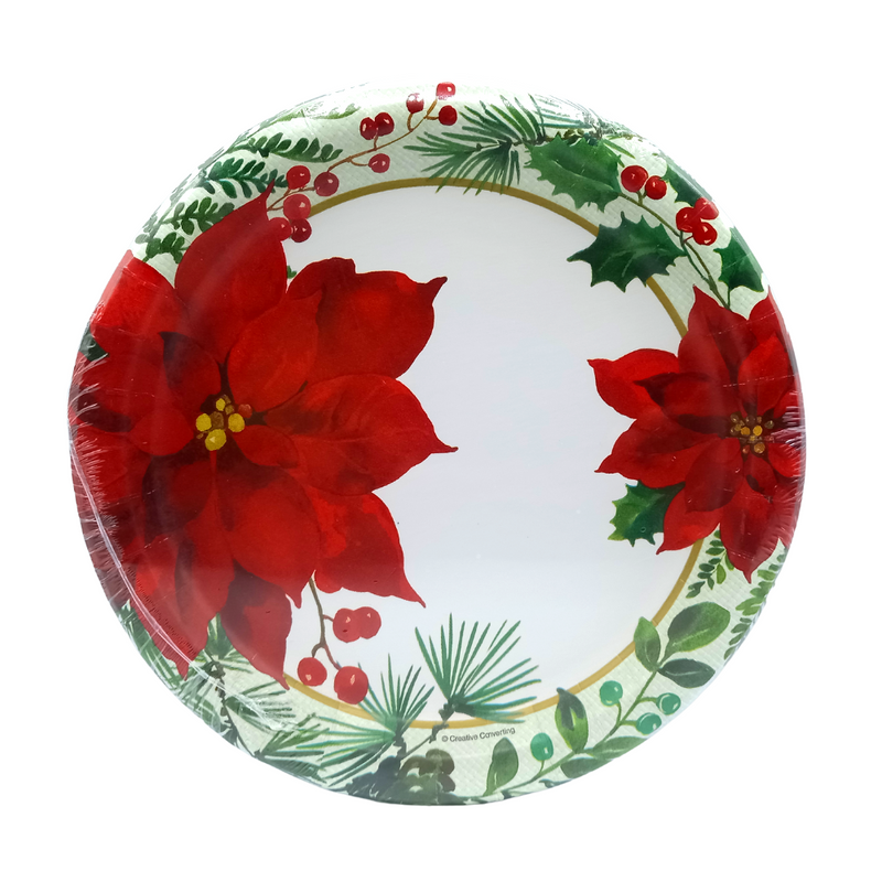 PLATO DESECHABLE DE CARTON DECORADO NAVIDEÑO POINSETIAS N9 – 8 UND