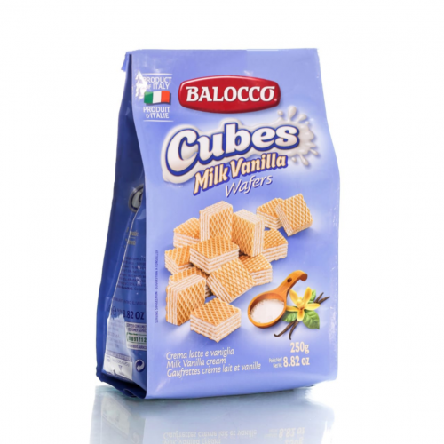 GALLETA WAFER EN CUBO BALOCCO SABOR LECHE 250 GR