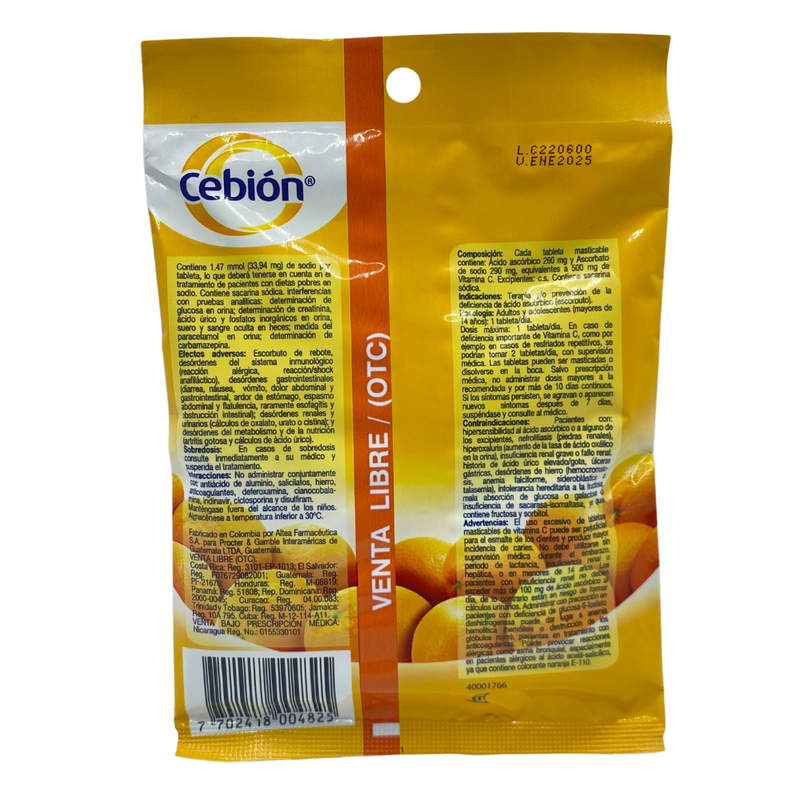 TABLETA MASTICABLE SABOR NARANJA CEBION 500 MG