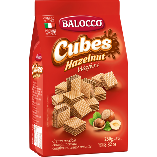 GALLETA WAFER EN CUBO BALOCCO SABOR AVELLANA 250 GR