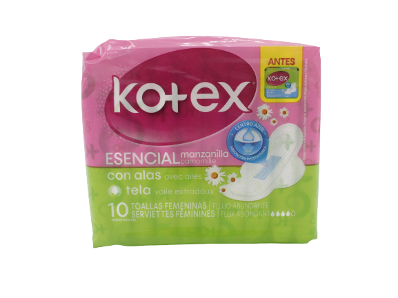 TOALLA FEMENINA KOTEX ESENCIAL MANZANILLA CON ALAS 10 UND