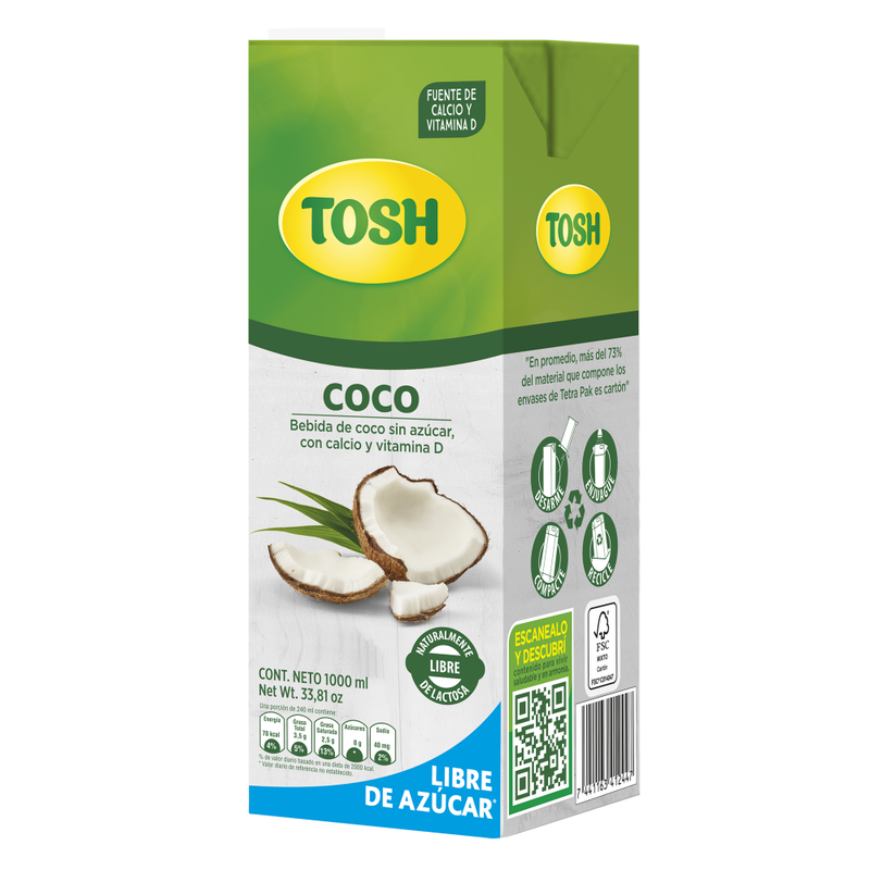 LECHE DE COCO TOSH SIN AZÚCAR 1000 ML