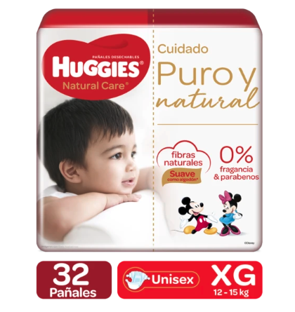 PAÑAL HUGGIES NATURAL CARE XG 32 UN 12- 15 KG